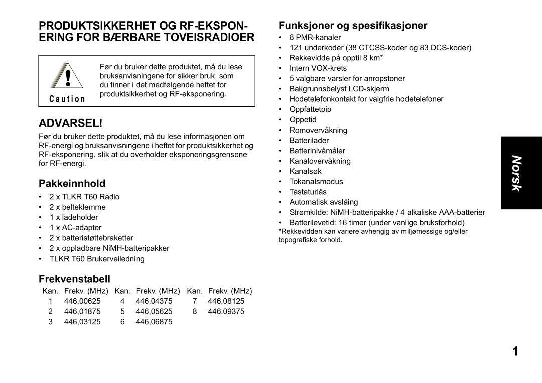 Motorola TLKR T60 owner manual Pakkeinnhold, Funksjoner og spesifikasjoner 