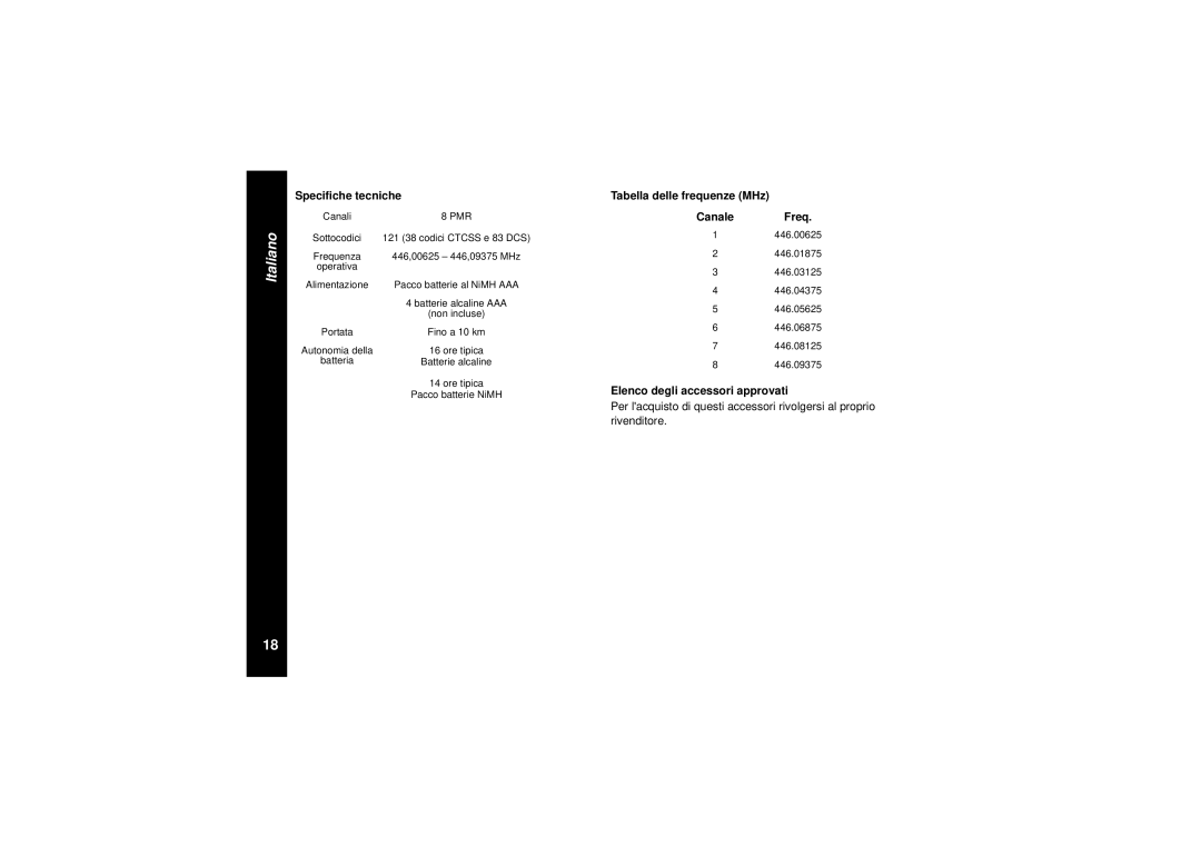 Motorola TLKR T8 Specifiche tecniche, Tabella delle frequenze MHz Canale Freq, Elenco degli accessori approvati 