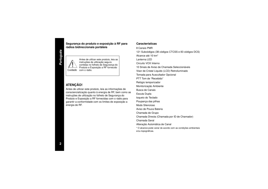 Motorola TLKR T8 owner manual Atenção, Características 