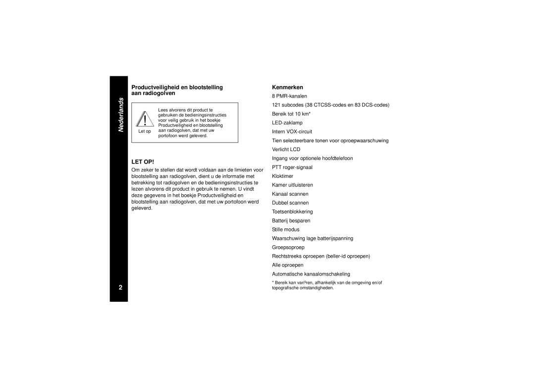 Motorola TLKR T8 owner manual Productveiligheid en blootstelling aan radiogolven, Kenmerken 