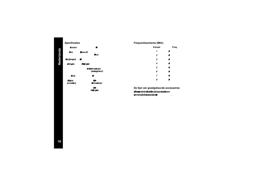 Motorola TLKR T8 owner manual Specificaties, Frequentieschema MHz, De lijst van goedgekeurde accessoires 