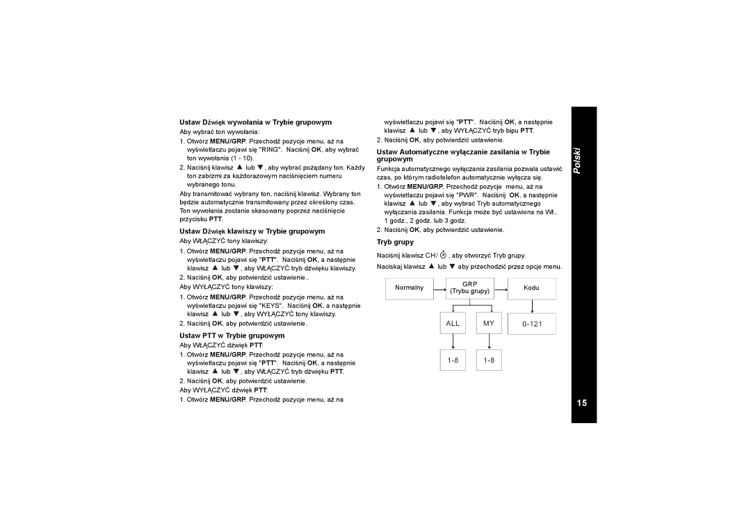 Motorola TLKR T8 owner manual Ustaw Dźwięk wywołania w Trybie grupowym, Ustaw Dźwięk klawiszy w Trybie grupowym, Tryb grupy 