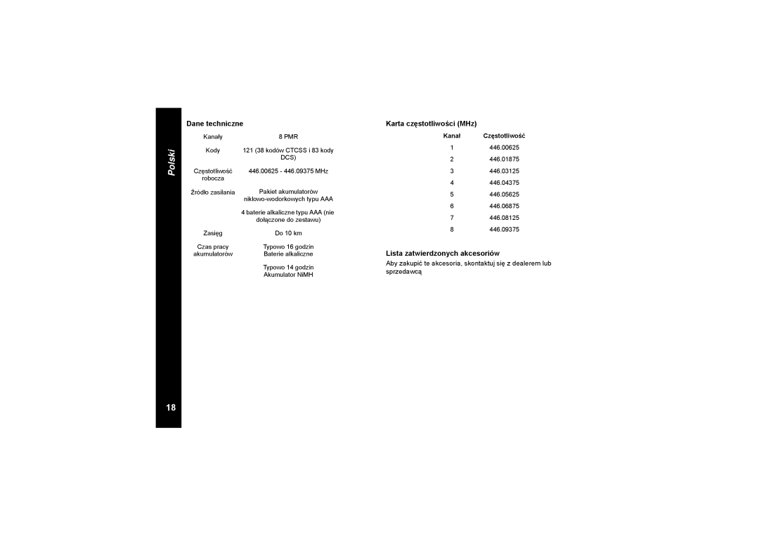 Motorola TLKR T8 owner manual Dane techniczne, Karta częstotliwości MHz, Lista zatwierdzonych akcesoriów 