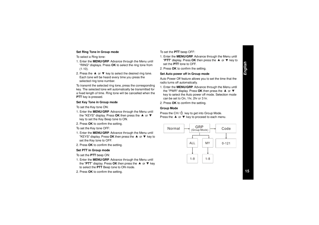 Motorola TLKR T8 owner manual Set Ring Tone in Group mode, Set Key Tone in Group mode, Set PTT in Group mode, Group Mode 