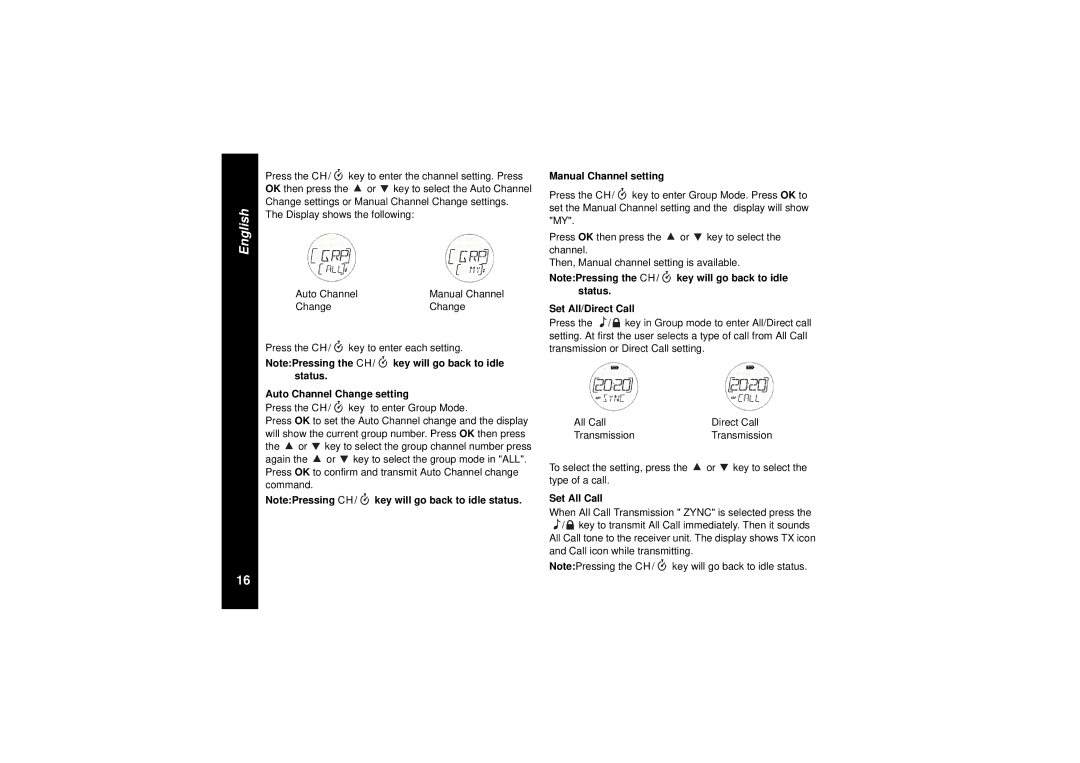 Motorola TLKR T8 owner manual Set All/Direct Call, Status Auto Channel Change setting, Set All Call 