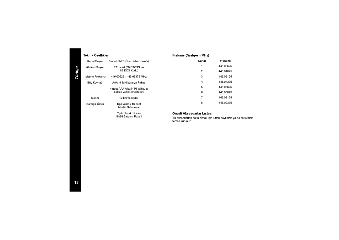 Motorola TLKR T8 owner manual Teknik Özellikler, Frekans Çizelgesi MHz, Onayli Aksesuarlar Lıstesı 