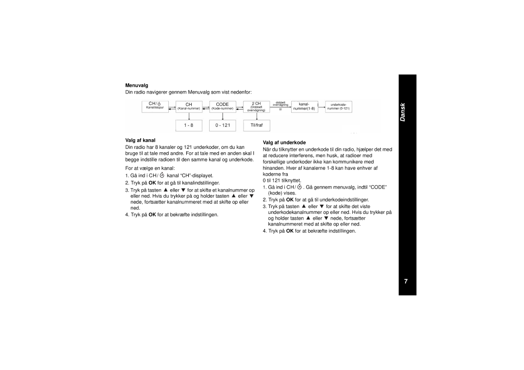 Motorola TLKR T8 owner manual Din radio navigerer gennem Menuvalg som vist nedenfor, Valg af kanal, Valg af underkode 