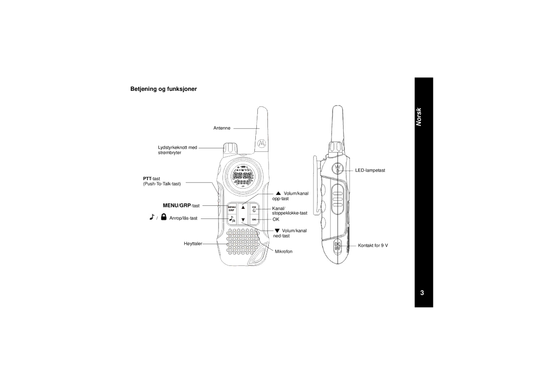 Motorola TLKR T8 owner manual Betjening og funksjoner, MENU/GRP-tast 