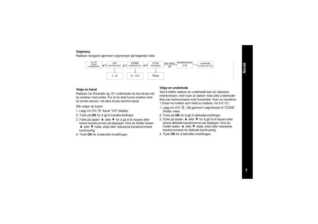 Motorola TLKR T8 Valgmeny, Radioen navigerer gjennom valgmenyen på følgende måte, Velge en kanal, Velge en underkode 