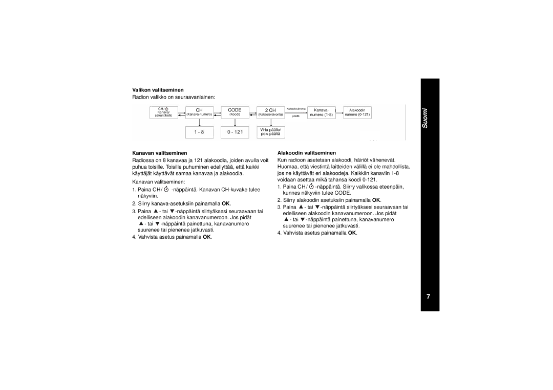 Motorola TLKR T8 Valikon valitseminen, Radion valikko on seuraavanlainen, Kanavan valitseminen, Alakoodin valitseminen 
