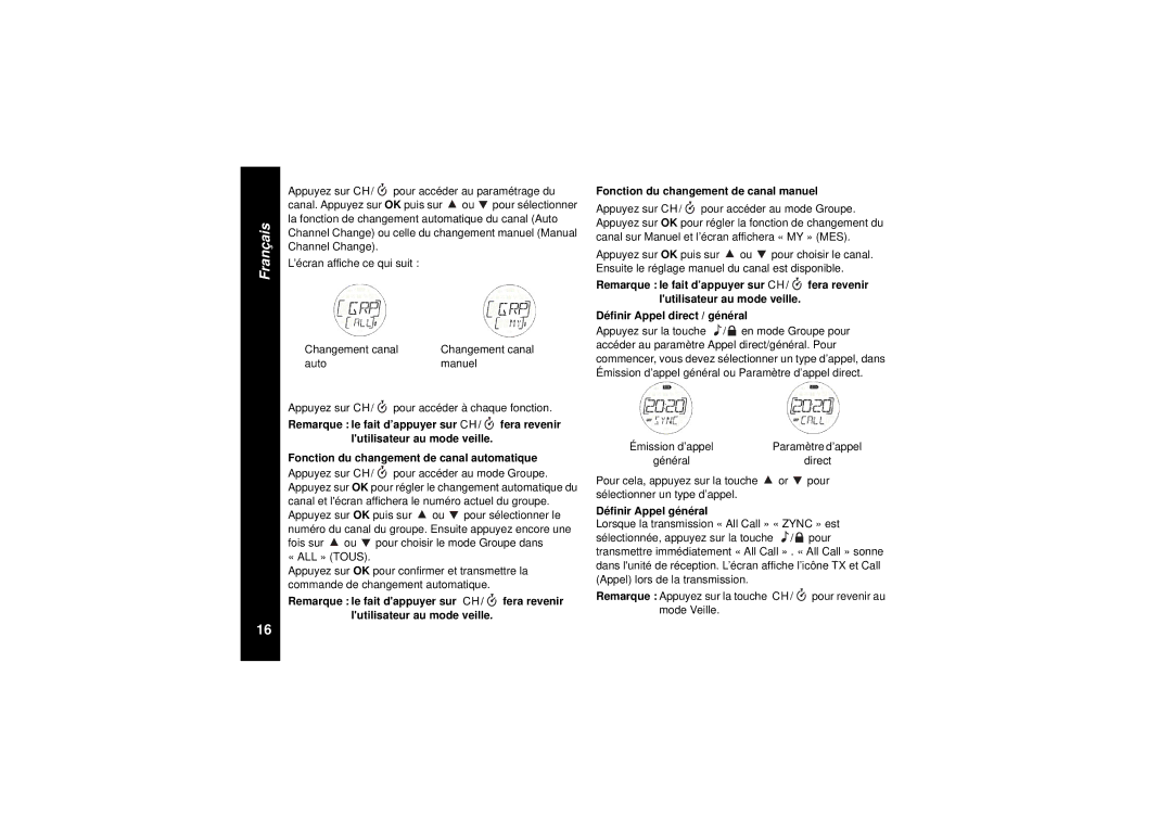 Motorola TLKR T8 owner manual Fonction du changement de canal manuel, Définir Appel général 