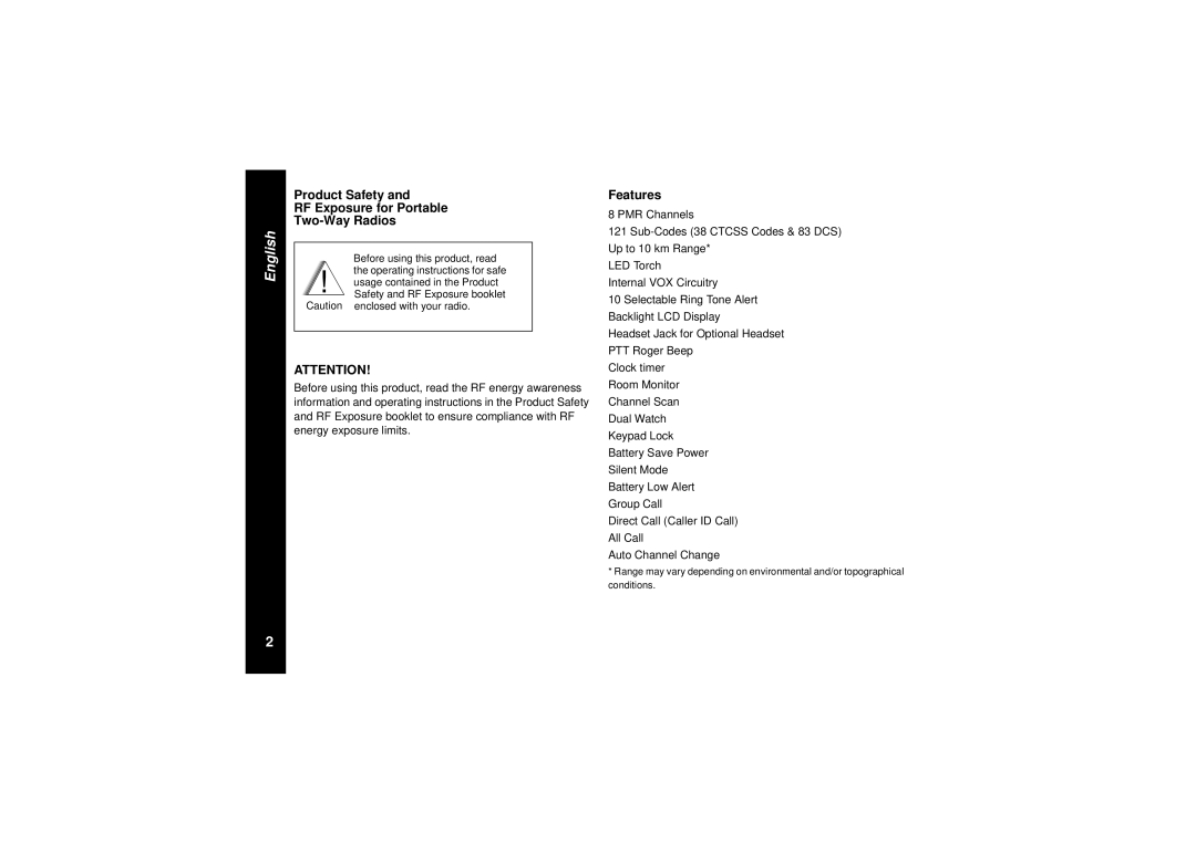 Motorola TLKR T8 owner manual Product Safety RF Exposure for Portable Two-Way Radios, Features 