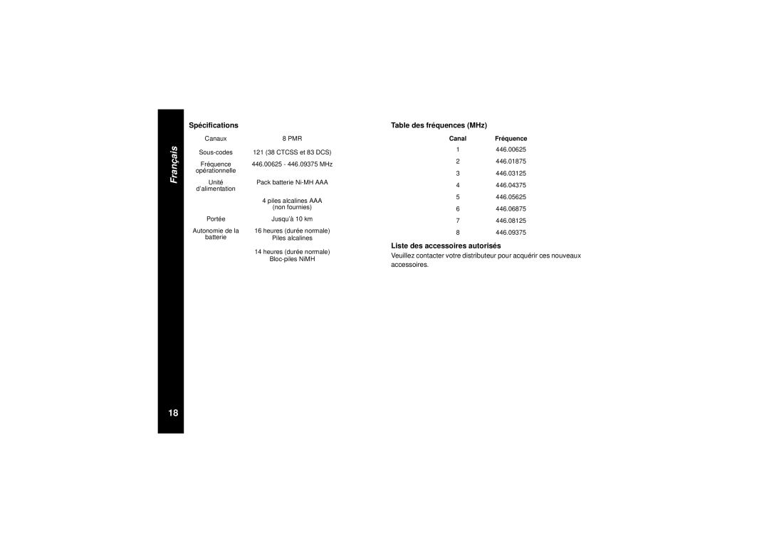 Motorola TLKR T8 owner manual Spécifications, Table des fréquences MHz, Liste des accessoires autorisés 