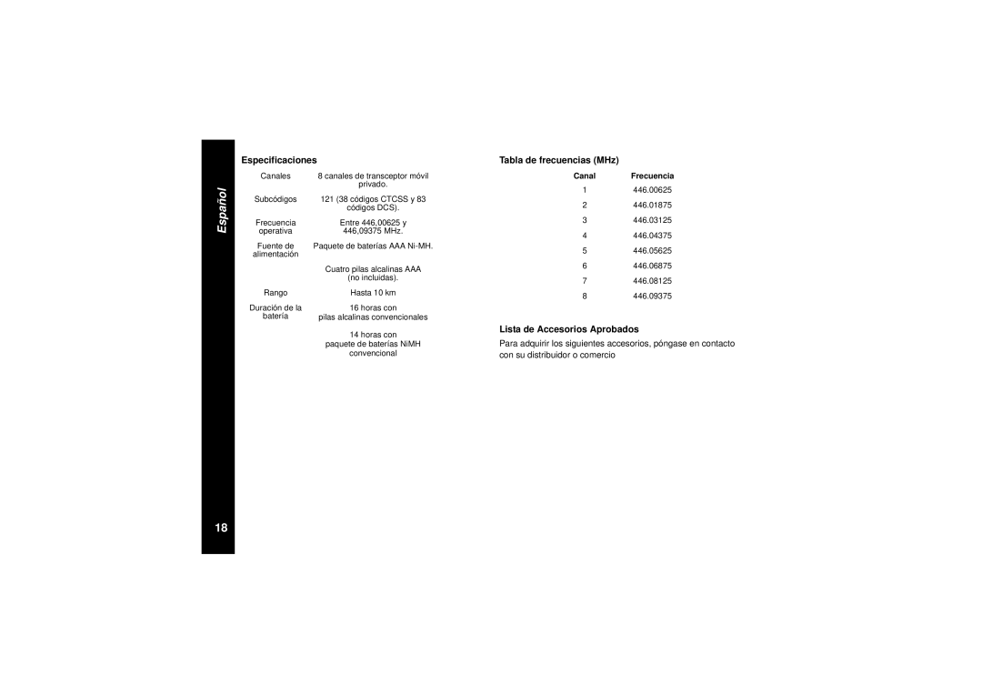 Motorola TLKR T8 owner manual Especificaciones, Tabla de frecuencias MHz, Lista de Accesorios Aprobados 