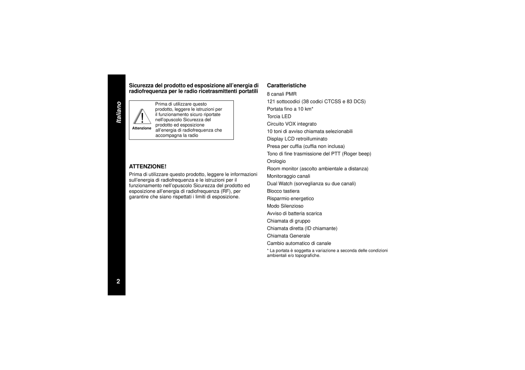 Motorola TLKR T8 owner manual Caratteristiche, Canali PMR 