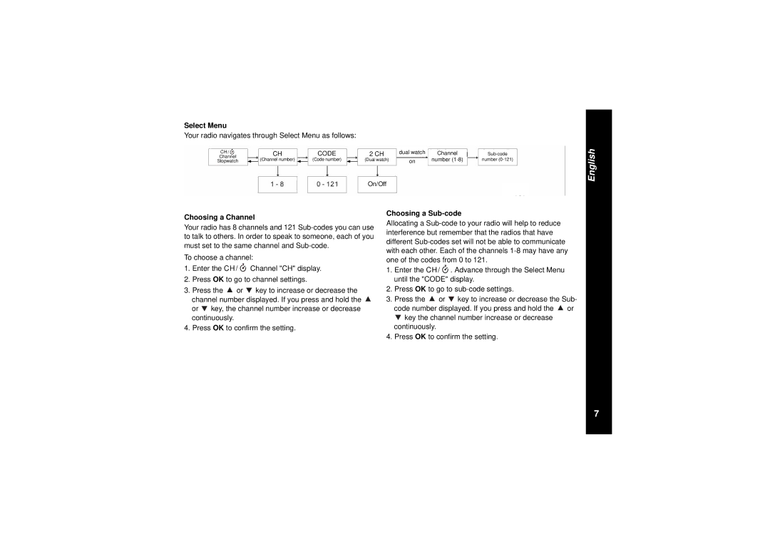 Motorola TLKR T8 Your radio navigates through Select Menu as follows, Choosing a Channel, Choosing a Sub-code 