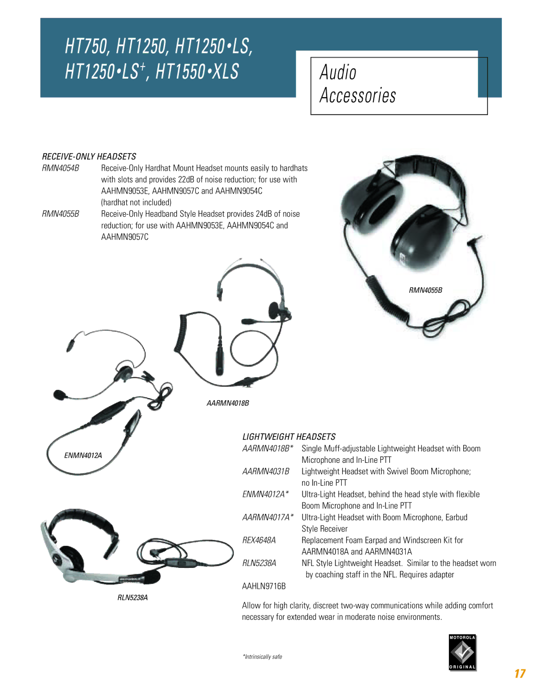 Motorola HT750, HT1250, HT1250 LS, HT1550 XLS, TM HT1250 specifications RECEIVE-ONLY Headsets, Lightweight Headsets 