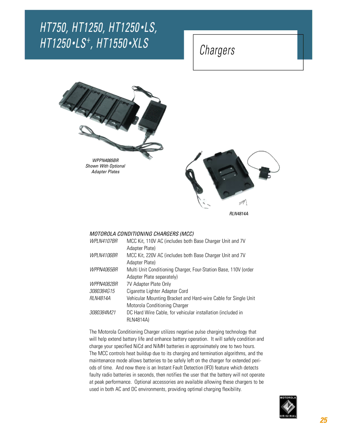 Motorola HT750, HT1250, HT1250 LS, HT1550 XLS, TM HT1250 specifications Motorola Conditioning Chargers MCC 