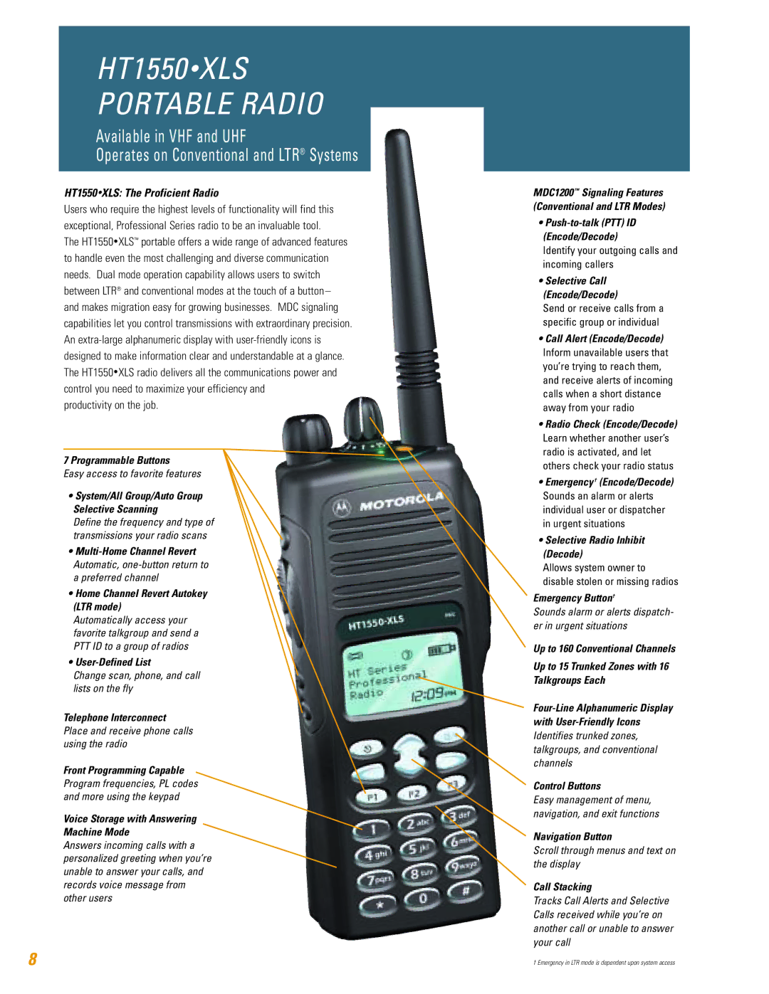 Motorola TM HT1250, HT750, HT1250, HT1250 LS, HT1550 XLS specifications HT1550 XLS Portable Radio 