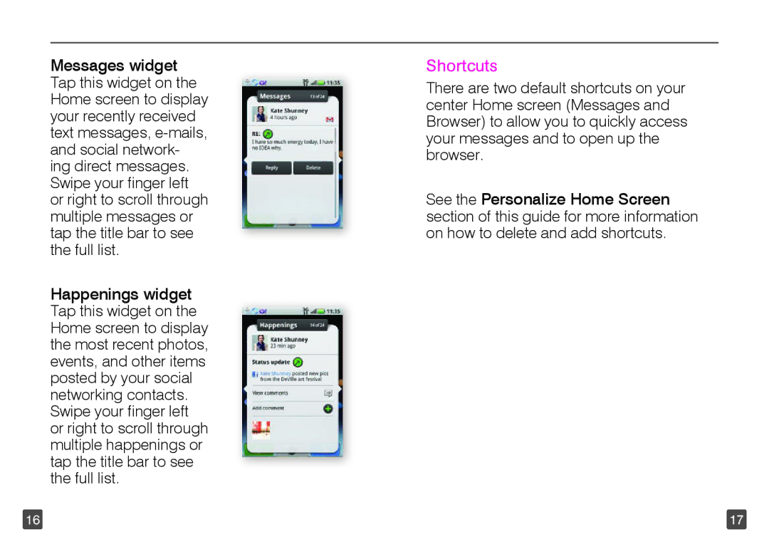 Motorola TM1668 manual Messages widget, Happenings widget, Shortcuts 