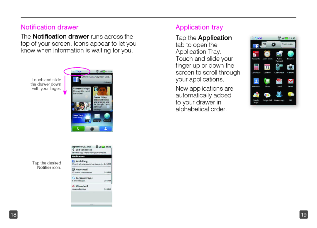 Motorola TM1668 manual Notification drawer, Application tray 