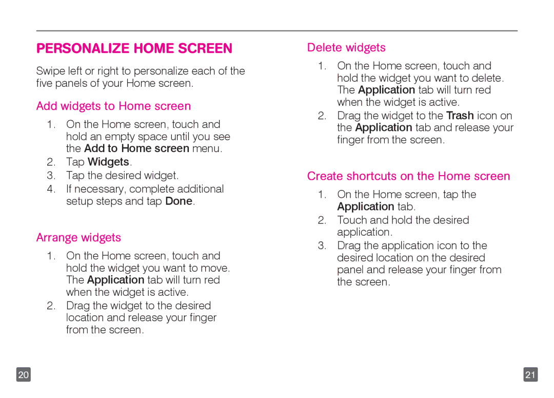 Motorola TM1668 manual Personalize Home Screen, Add widgets to Home screen, Arrange widgets, Delete widgets 