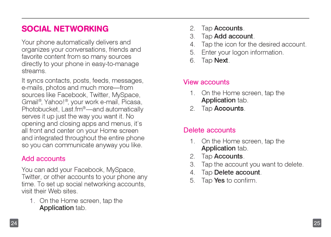 Motorola TM1668 manual Social Networking, Add accounts, View accounts, Tap Accounts, Delete accounts 