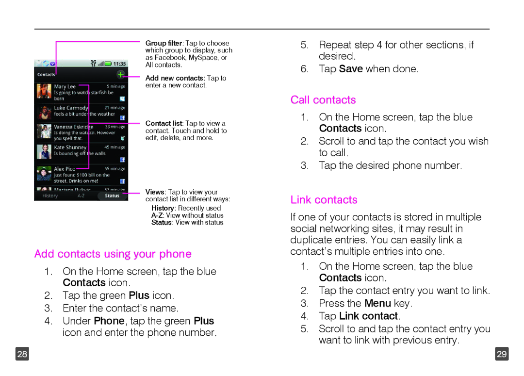 Motorola TM1668 manual Add contacts using your phone, Call contacts, Link contacts 