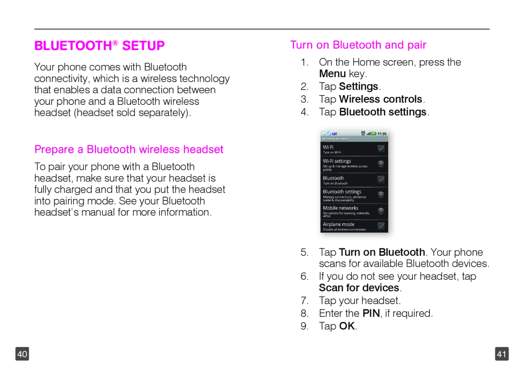 Motorola TM1668 manual Bluetooth Setup, Prepare a Bluetooth wireless headset, Turn on Bluetooth and pair 