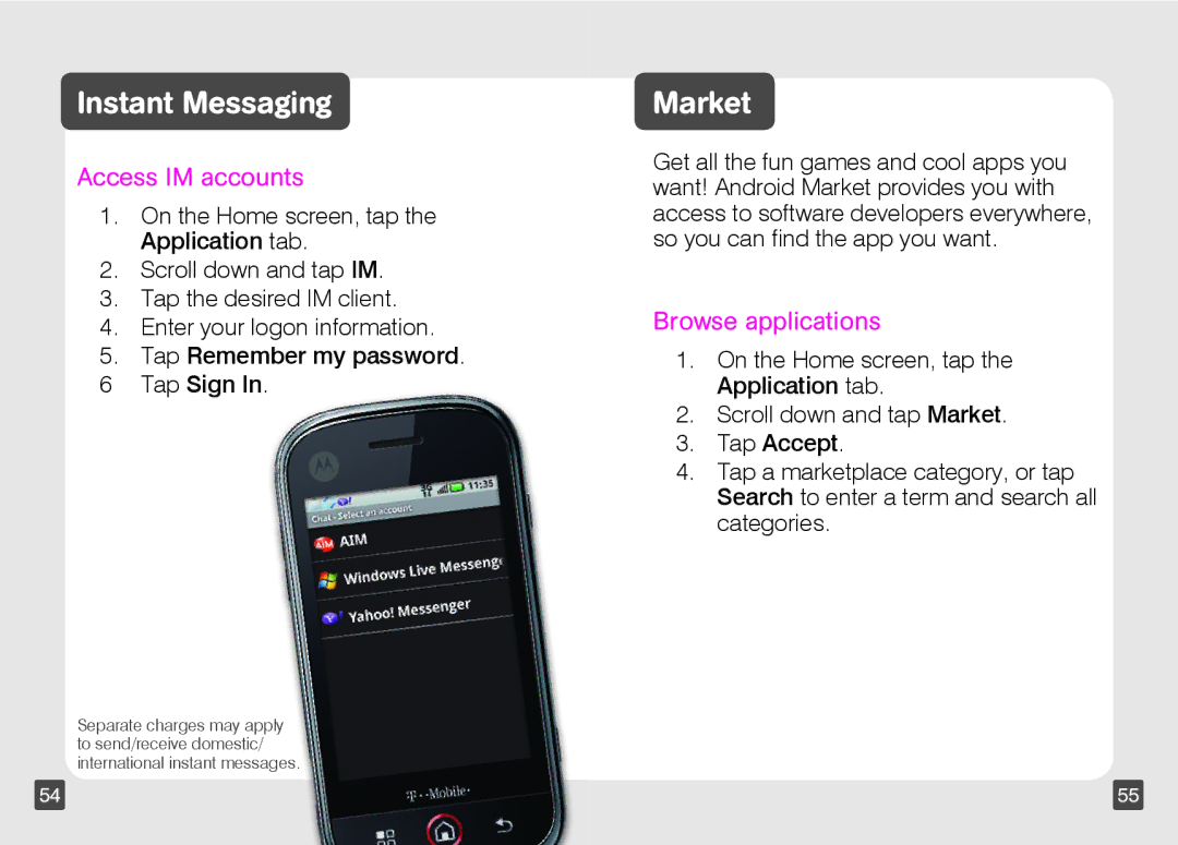 Motorola TM1668 manual Instant Messaging, Market, Access IM accounts, Browse applications 