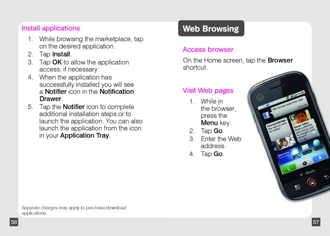 Motorola TM1668 manual Web Browsing, Install applications, Access browser, Visit Web pages 