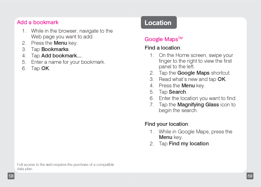 Motorola TM1668 manual Location, Add a bookmark, Google MapsTM 