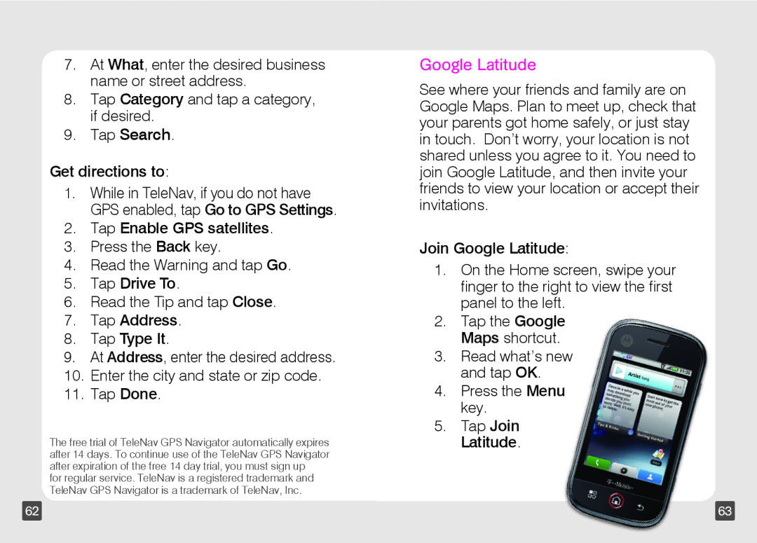 Motorola TM1668 manual Tap Search, Google Latitude 