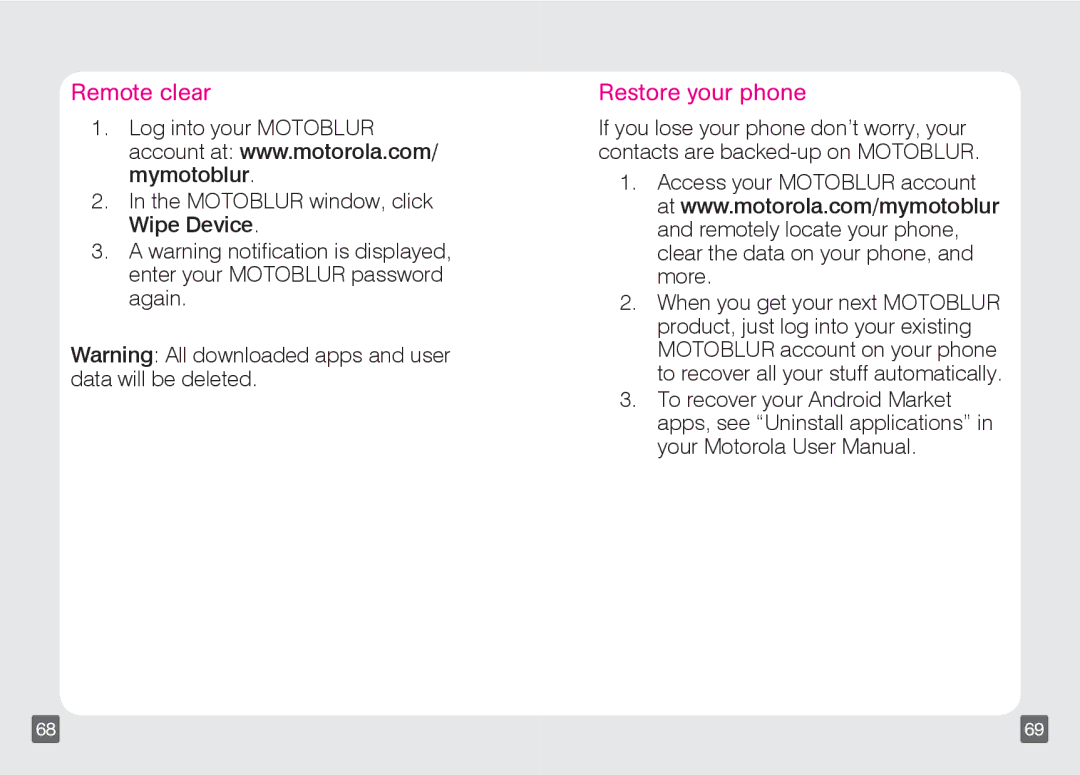 Motorola TM1668 manual Remote clear, Restore your phone 