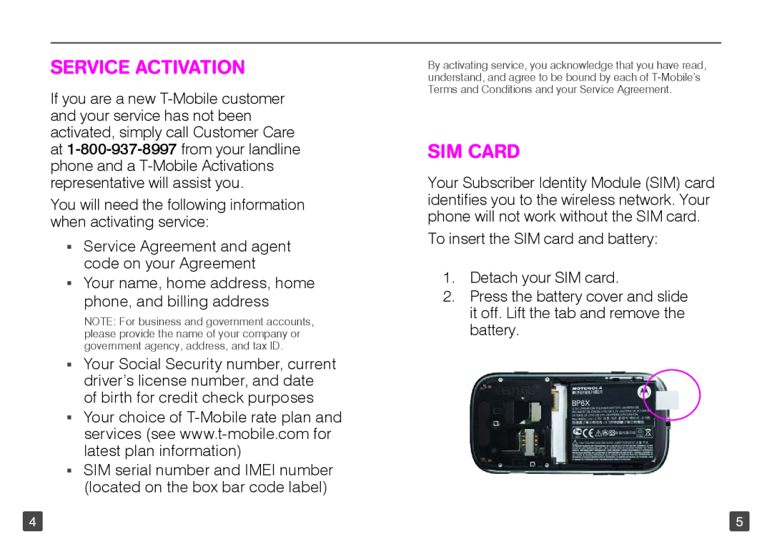 Motorola TM1668 manual Service activation, Sim card 