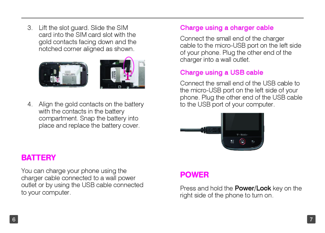 Motorola TM1668 manual Battery, Power, Charge using a charger cable, Charge using a USB cable 