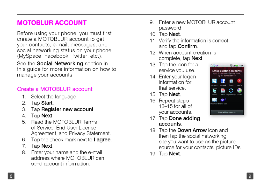 Motorola TM1668 manual Motoblur Account, Create a Motoblur account 