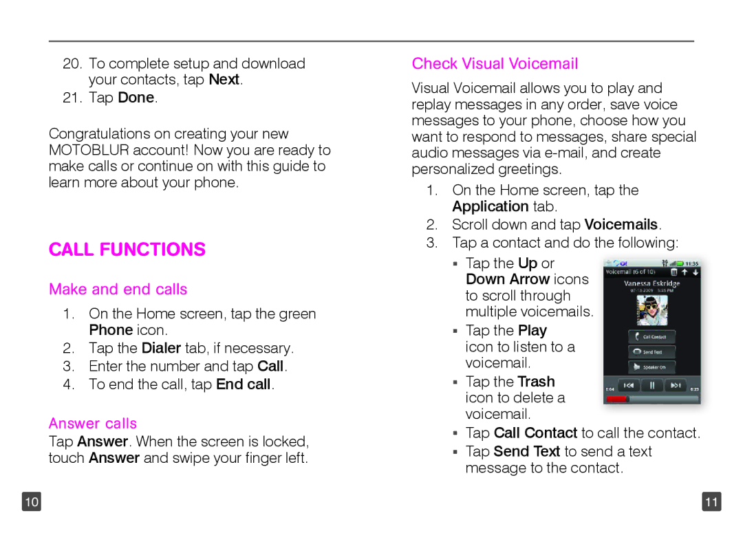 Motorola TM1668 manual Call functions, Make and end calls, Check Visual Voicemail 