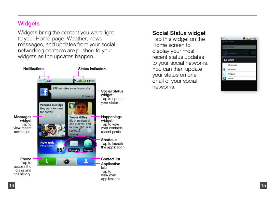 Motorola TM1668 manual Widgets, Social Status widget 