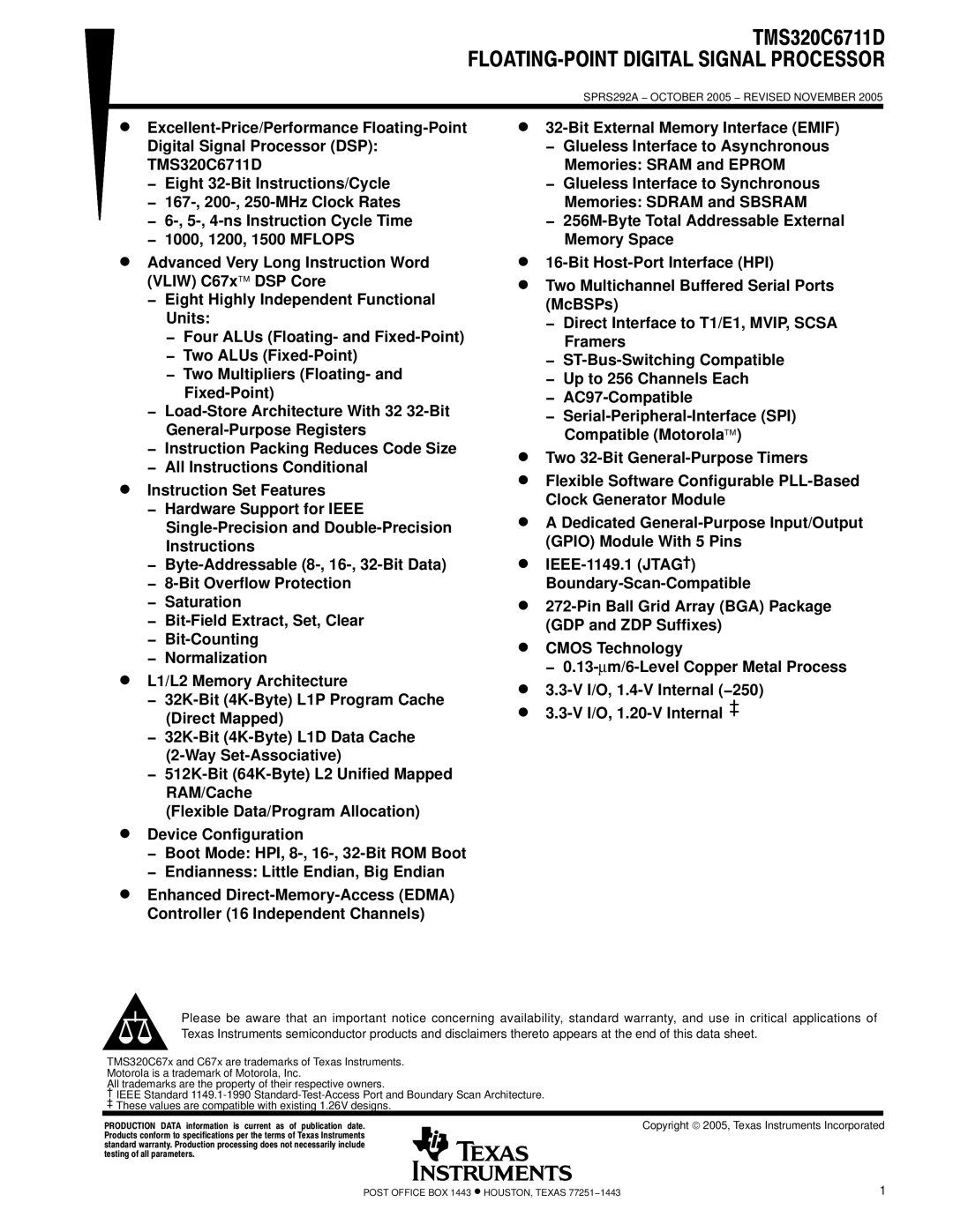 Motorola TMS320C6711D warranty SPRS292A − October 2005 − Revised November 