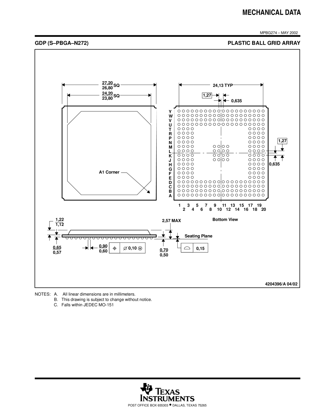 Motorola TMS320C6711D warranty GDP S-PBGA-N272, Seating Plane 4204396/A 04/02 