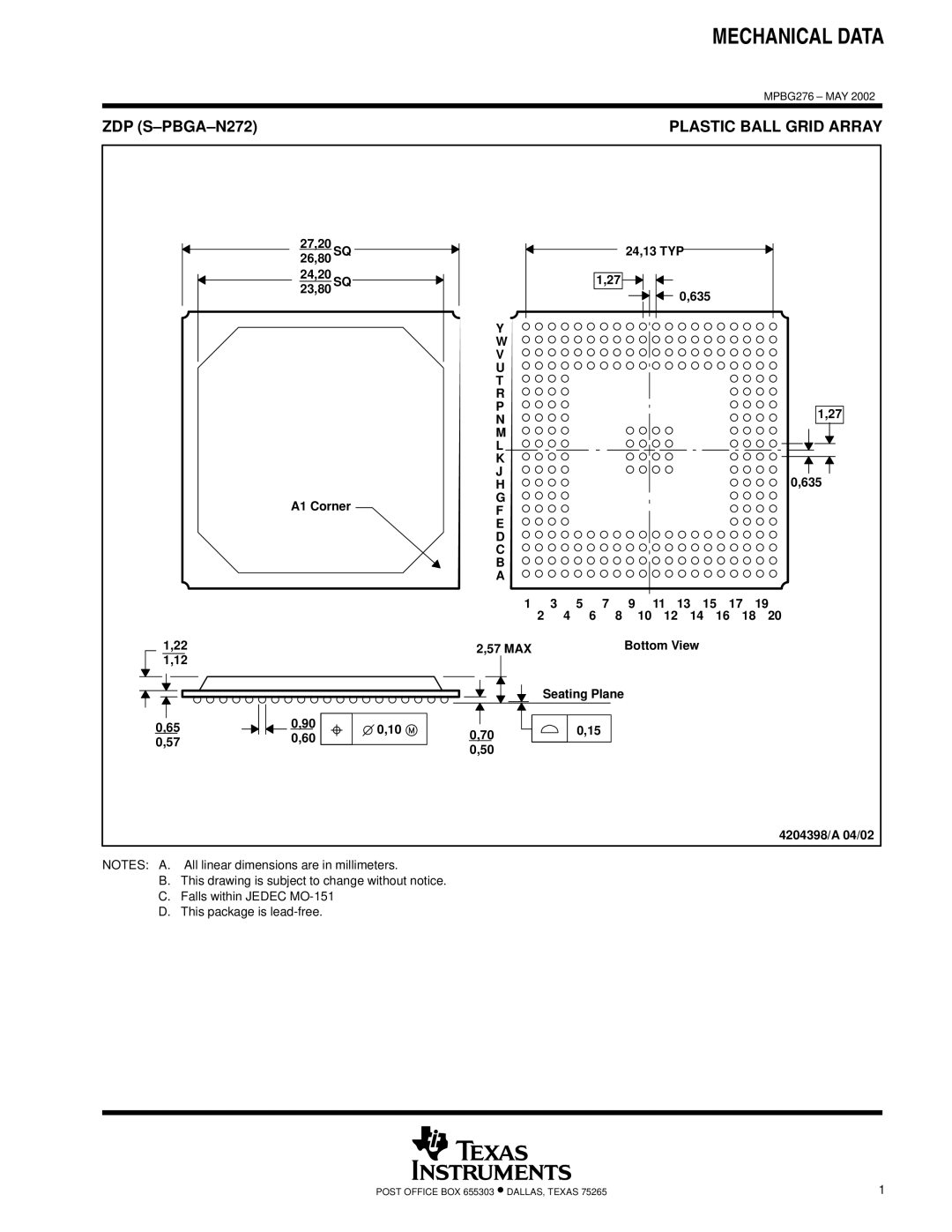 Motorola TMS320C6711D warranty ZDP S-PBGA-N272, Seating Plane 4204398/A 04/02 