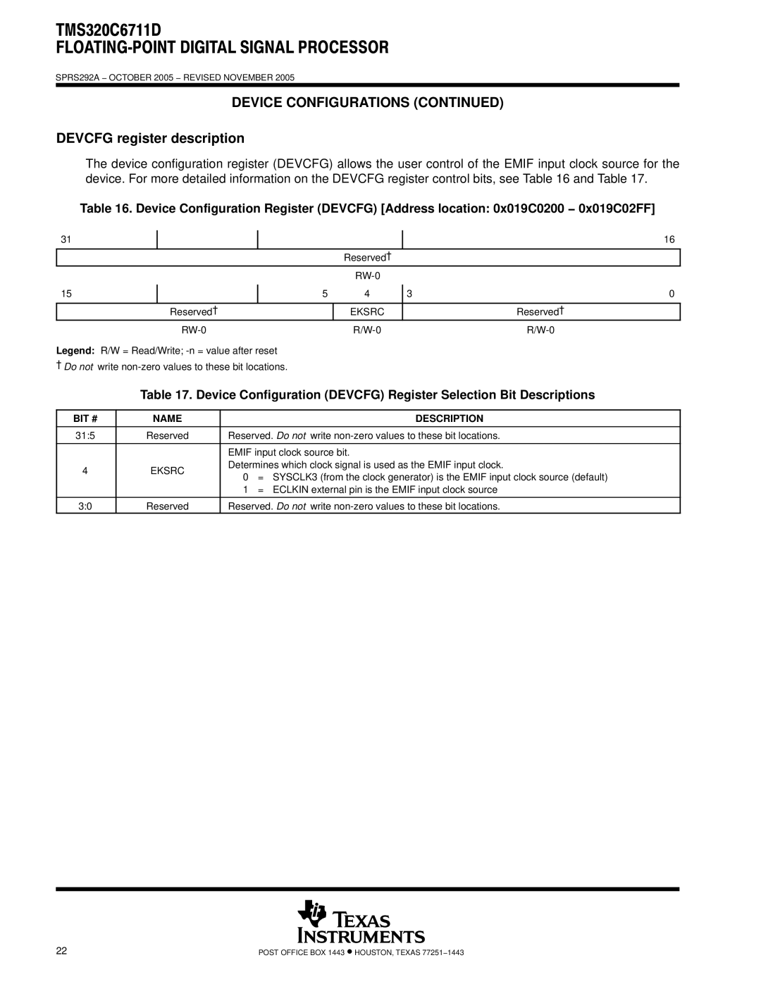 Motorola TMS320C6711D warranty Devcfg register description, Eksrc, BIT # Name Description 