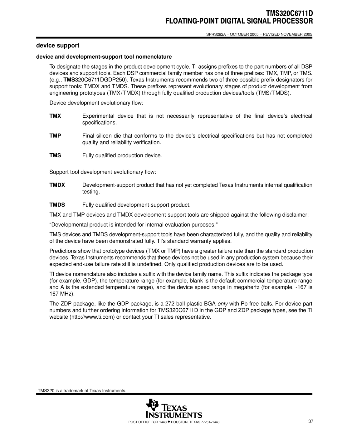 Motorola TMS320C6711D Device support, Device and development-support tool nomenclature, Fully qualified production device 