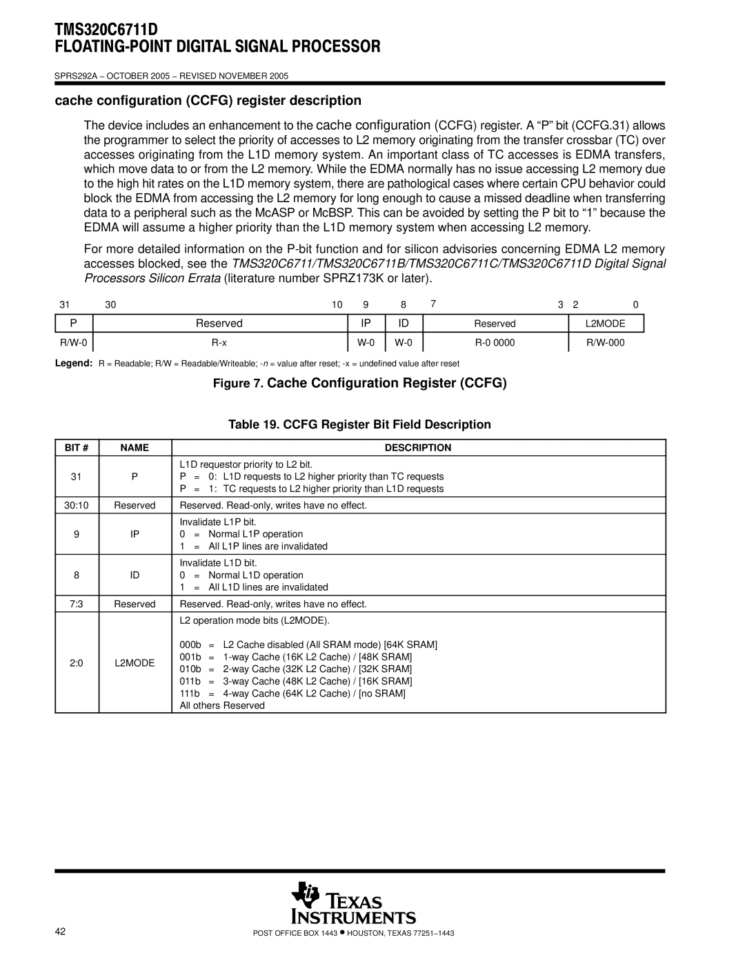 Motorola TMS320C6711D warranty Cache configuration Ccfg register description, Ccfg Register Bit Field Description, L2MODE 