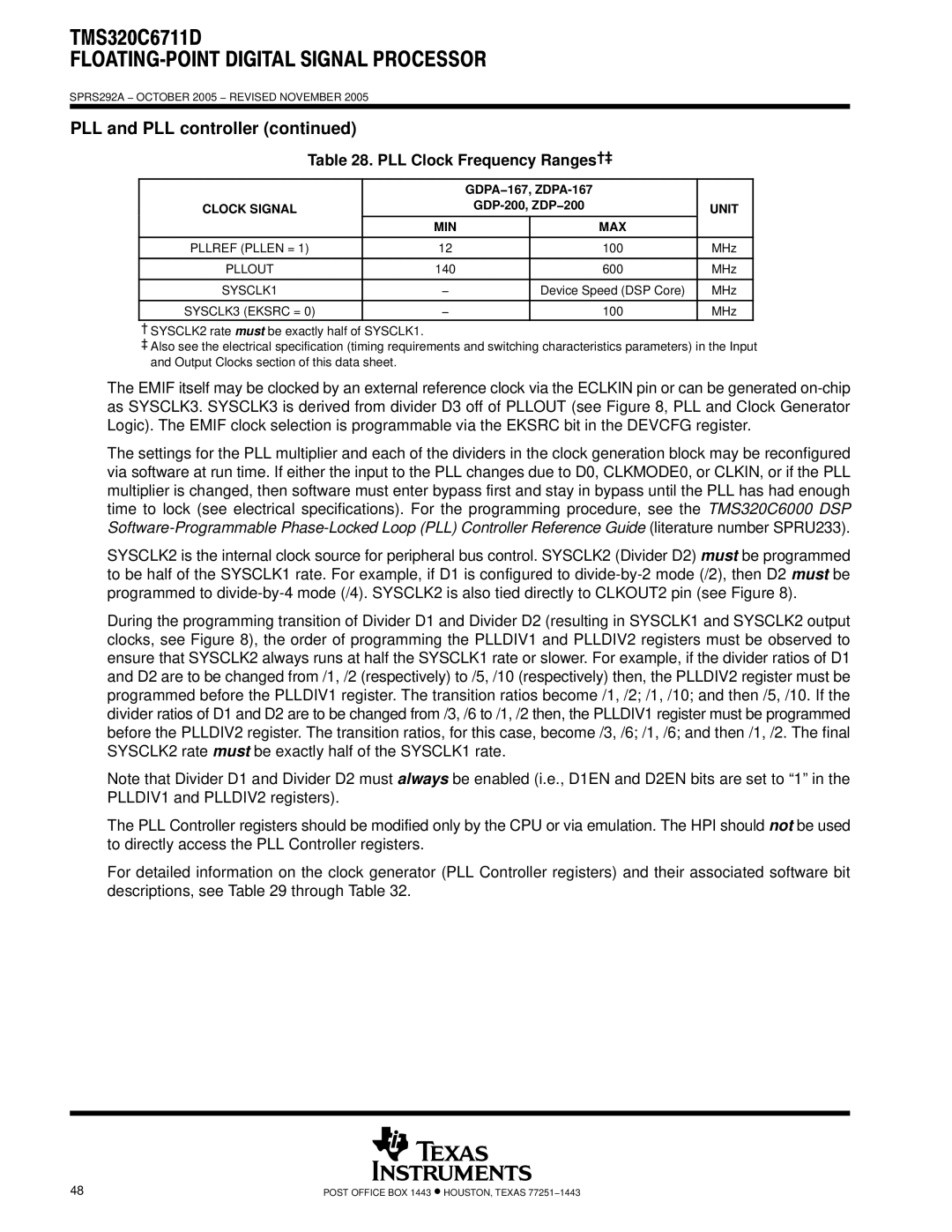 Motorola TMS320C6711D warranty PLL Clock Frequency Ranges†‡, GDPA−167, ZDPA-167, Clock Signal 