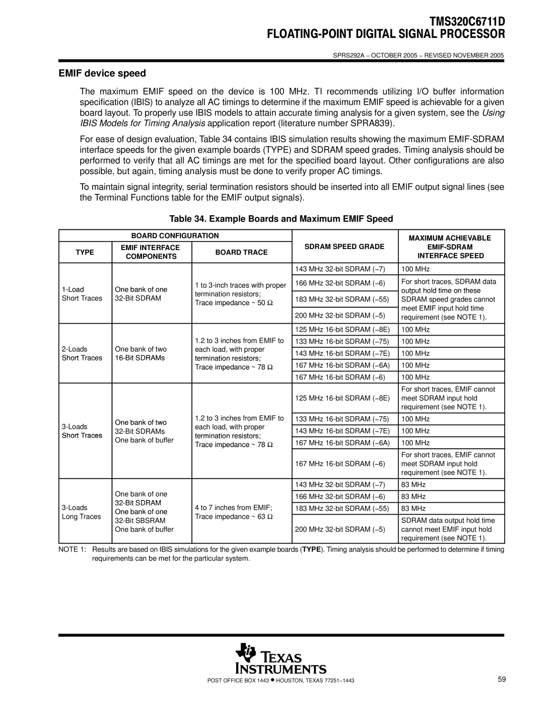 Motorola TMS320C6711D warranty Emif device speed, Example Boards and Maximum Emif Speed 