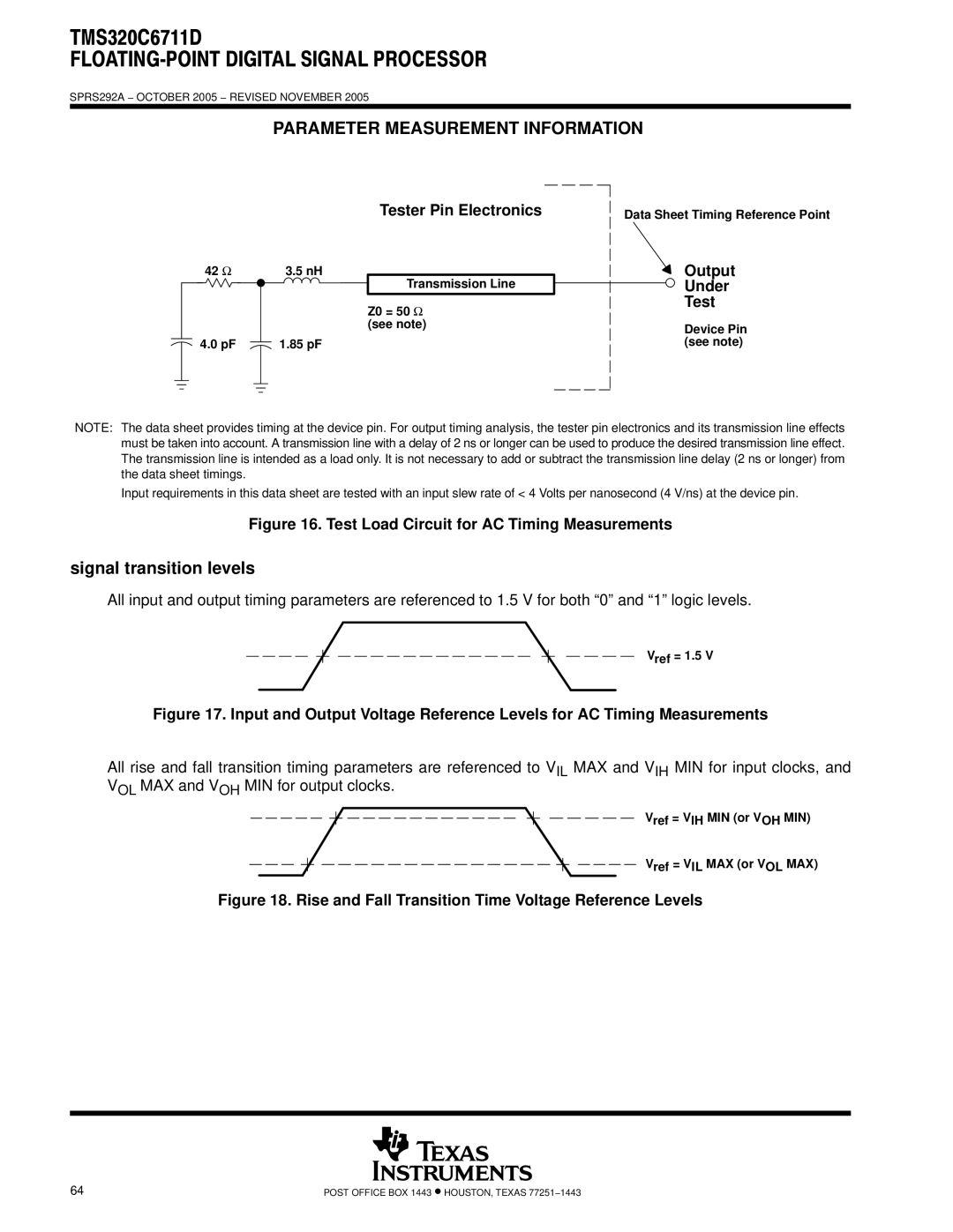 Motorola TMS320C6711D warranty Parameter Measurement Information, Signal transition levels, Tester Pin Electronics 