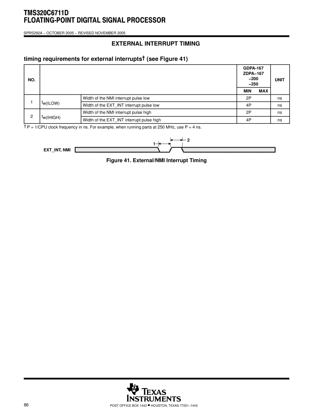 Motorola TMS320C6711D External Interrupt Timing, Timing requirements for external interrupts† see Figure, Extint, Nmi 