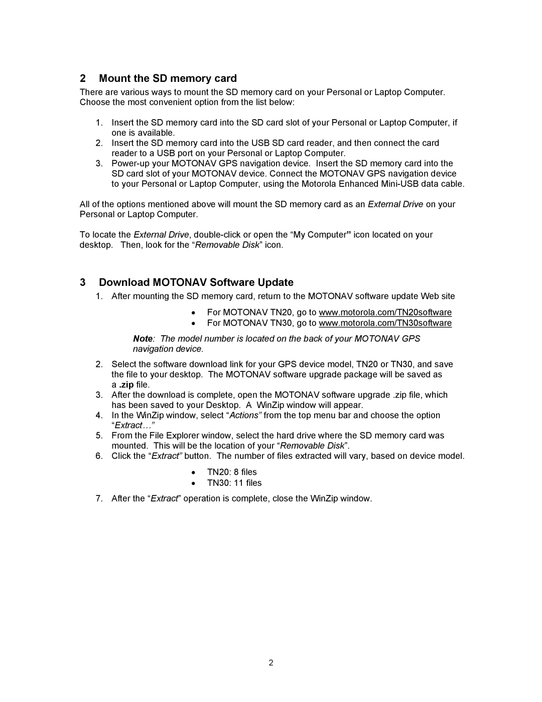 Motorola TN20 manual Mount the SD memory card, Download Motonav Software Update 